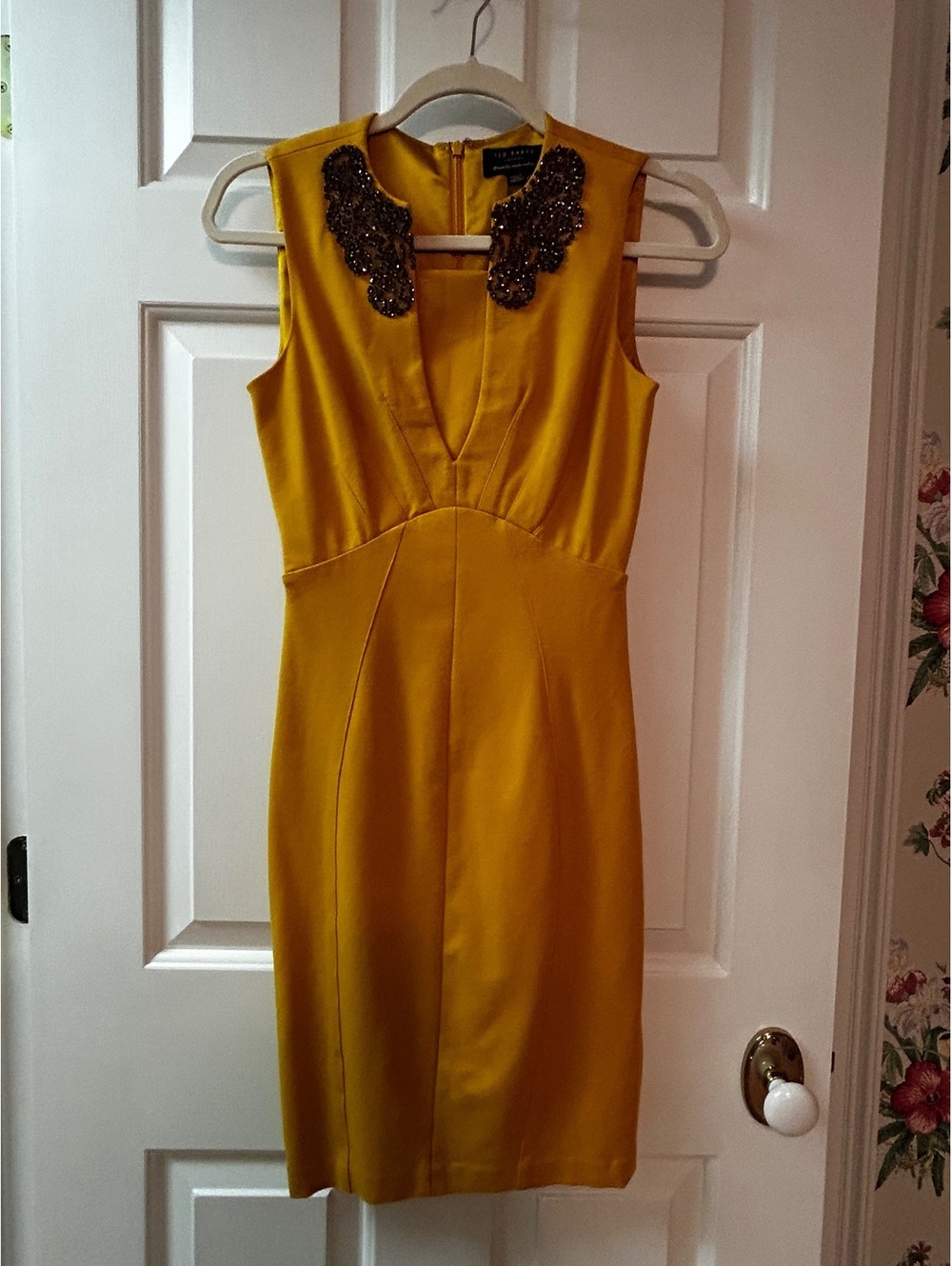 Ted Baker Yellow Beaded Collar Sleeveless Dress Size 0